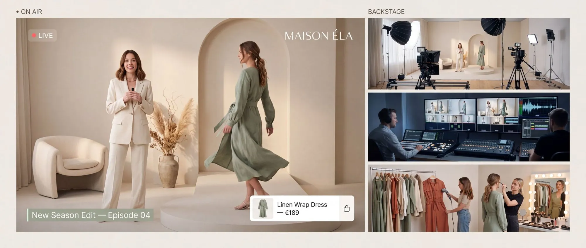Maison Éla New Season Edit canlı yayını: stilist sunucu anlatırken model keten elbiseyle yürüyor, ürün kartı ekranda; sağda çok kameralı stüdyo, reji ve kostüm hazırlığı