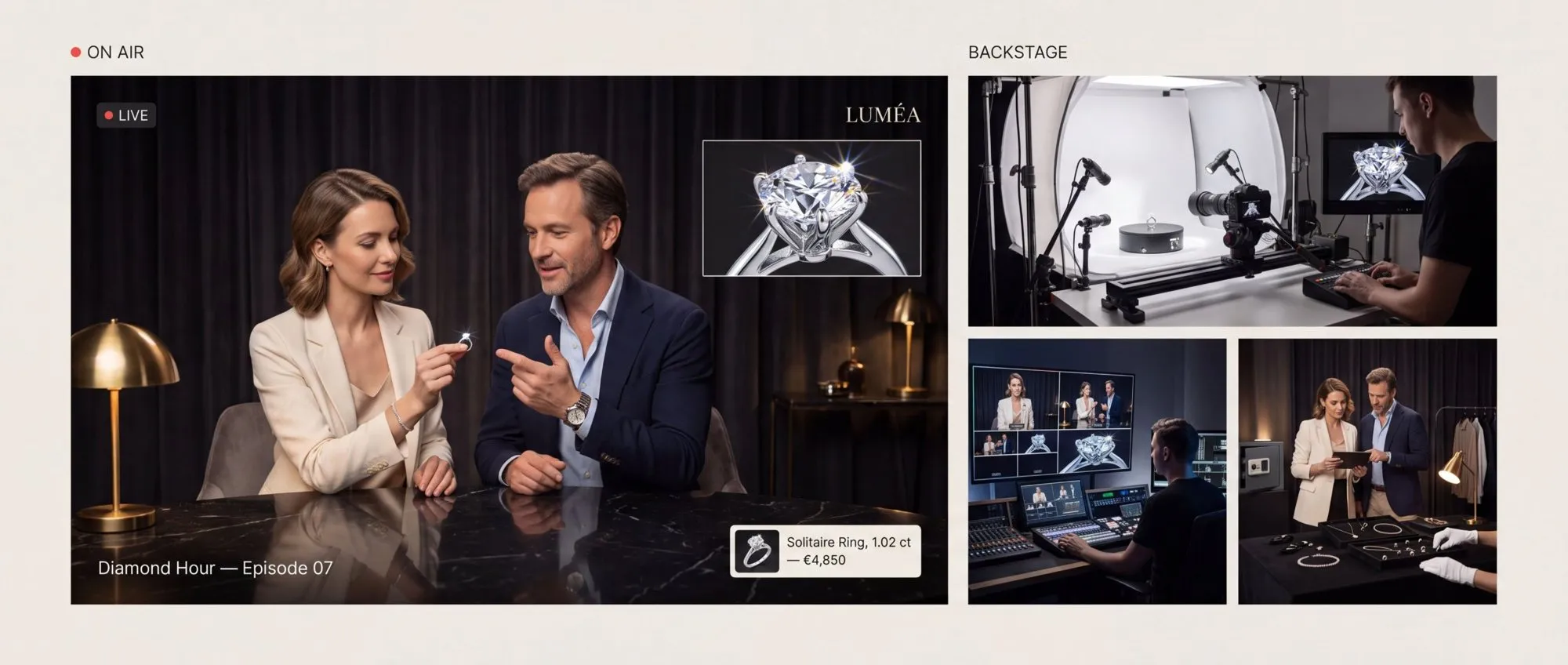 Luméa Diamond Hour canlı yayını: uzman ve konuk tek taş yüzüğü inceliyor, köşede taşın makro yakın planı ve karat-fiyat kartı; sağda makro ürün masası, reji ve eldivenli ürün hazırlığı